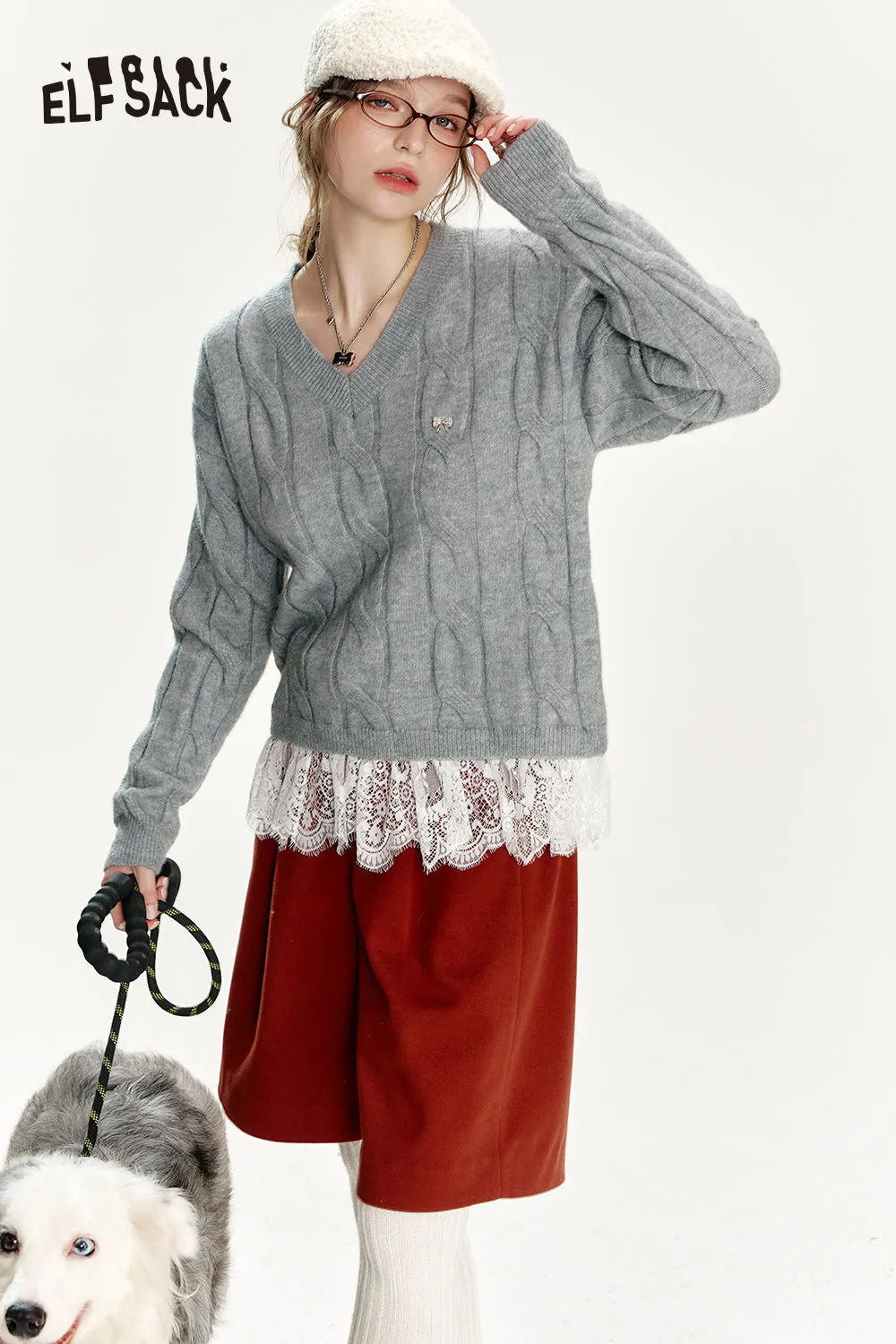 ELFSACK 2024 Winter New Arrivals Preppy style soft sweater for women with v-neck lace stitching