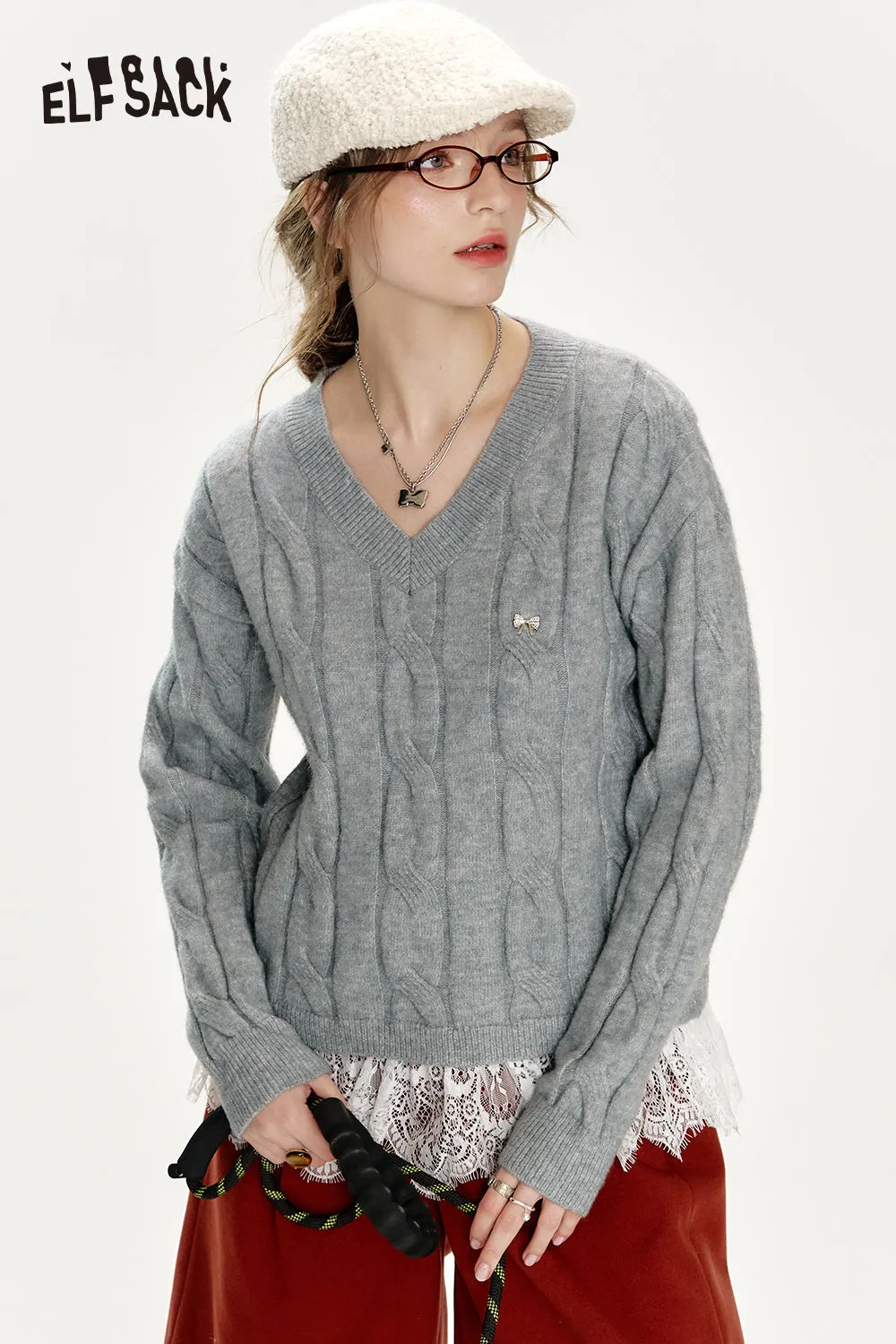 ELFSACK 2024 Winter New Arrivals Preppy style soft sweater for women with v-neck lace stitching