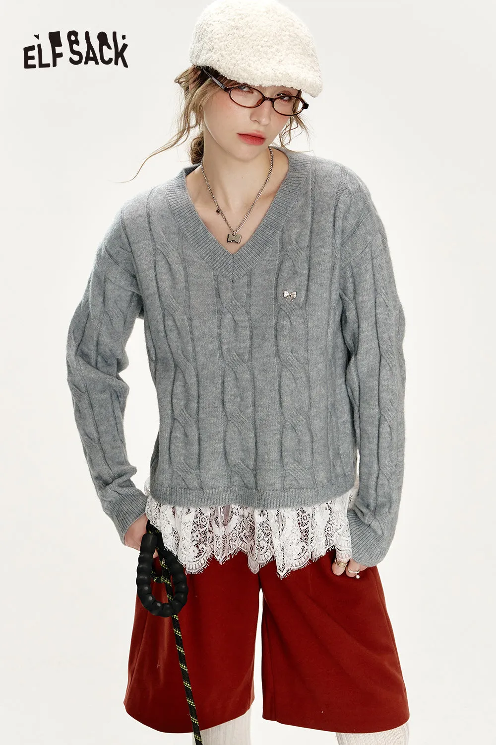 ELFSACK 2024 Winter New Arrivals Preppy style soft sweater for women with v-neck lace stitching
