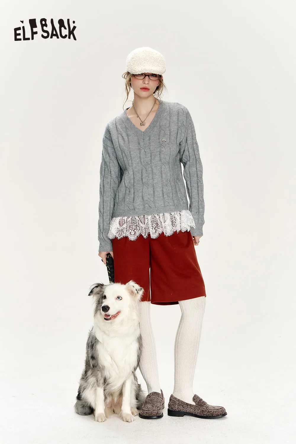 ELFSACK 2024 Winter New Arrivals Preppy style soft sweater for women with v-neck lace stitching