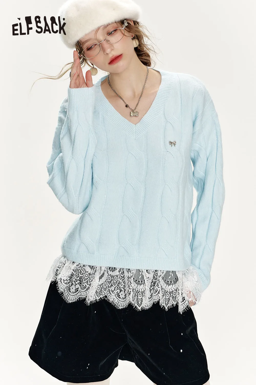 ELFSACK 2024 Winter New Arrivals Preppy style soft sweater for women with v-neck lace stitching