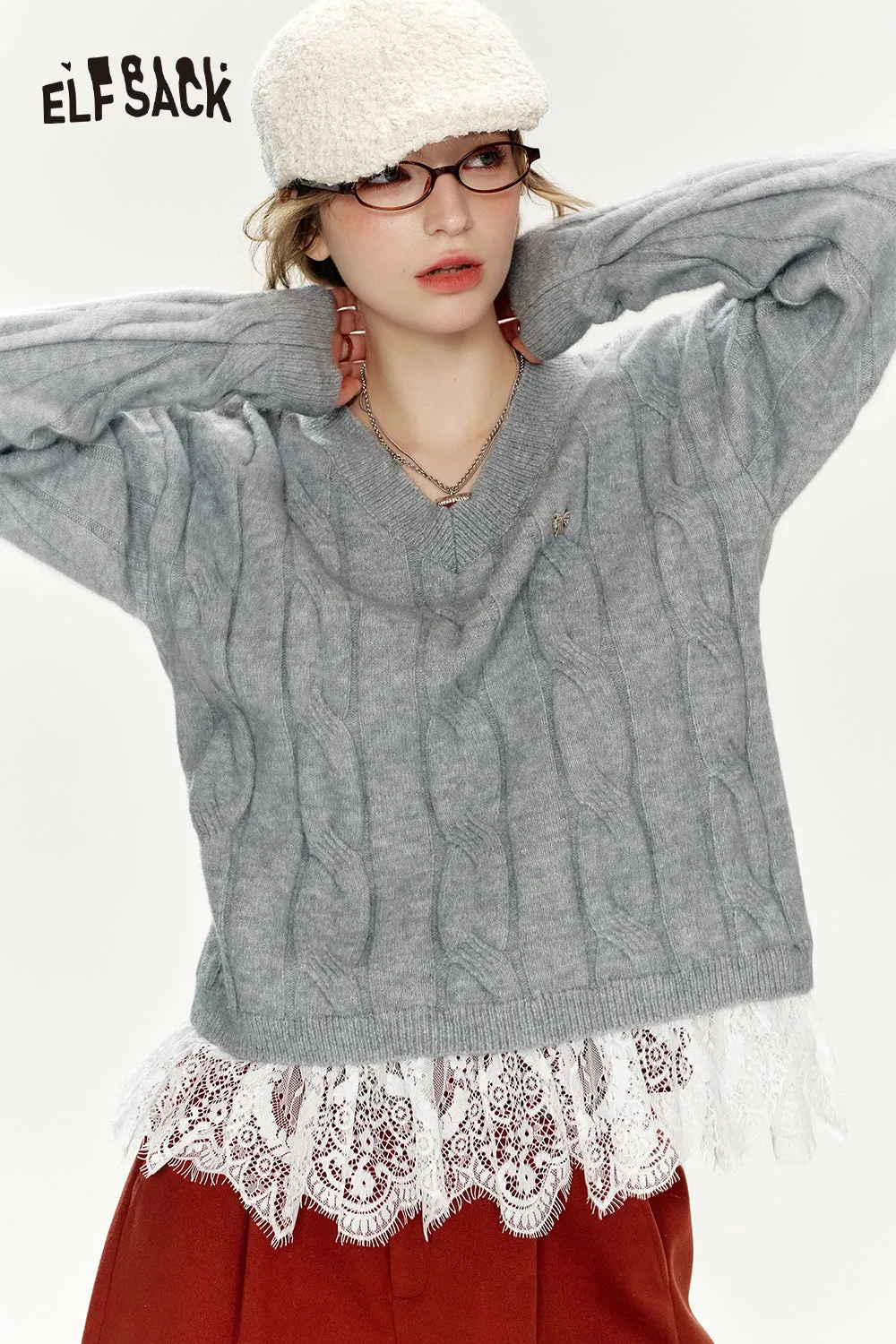 ELFSACK 2024 Winter New Arrivals Preppy style soft sweater for women with v-neck lace stitching