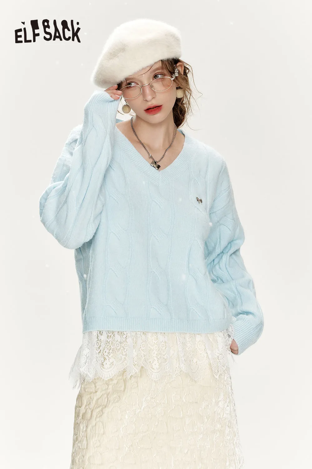 ELFSACK 2024 Winter New Arrivals Preppy style soft sweater for women with v-neck lace stitching
