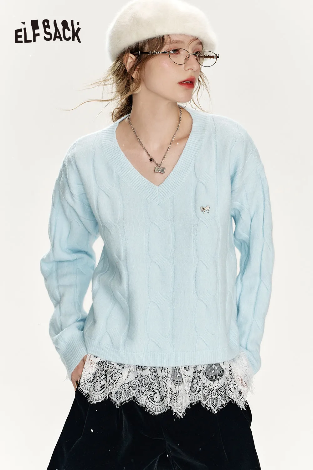 ELFSACK 2024 Winter New Arrivals Preppy style soft sweater for women with v-neck lace stitching
