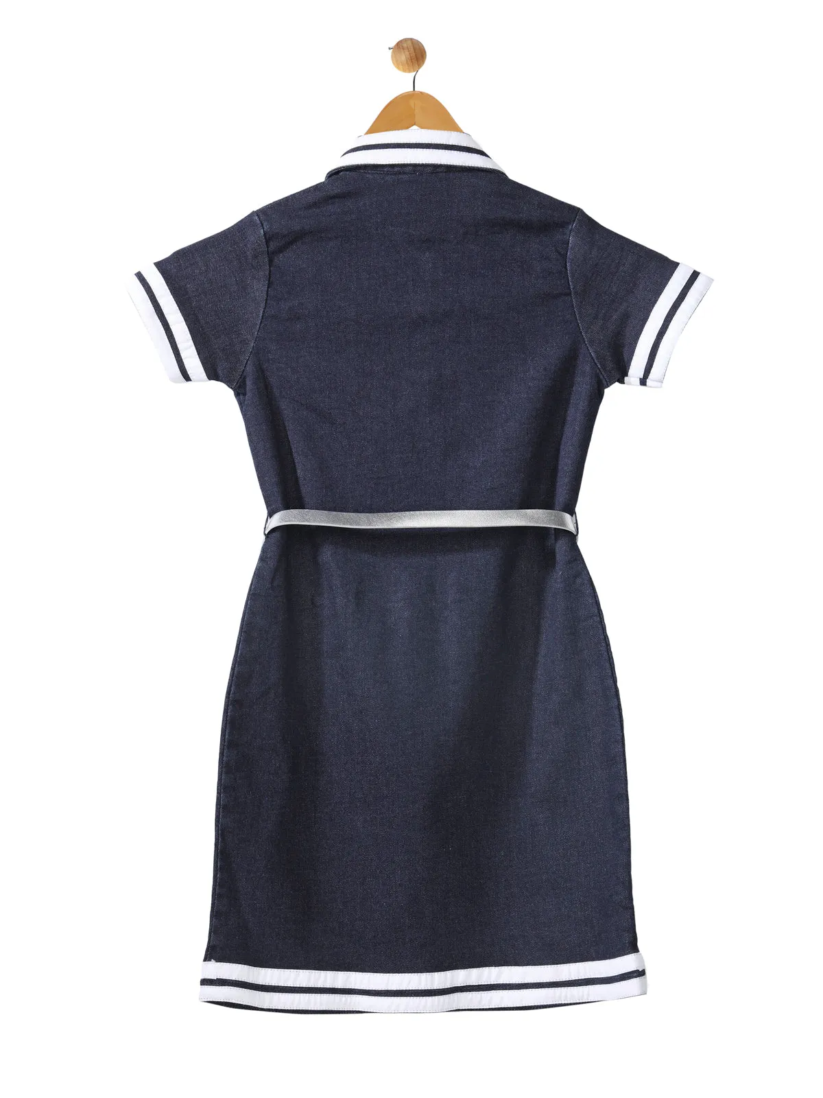 Girls Dark Blue Denim Striped Sleeve Dress With Belt