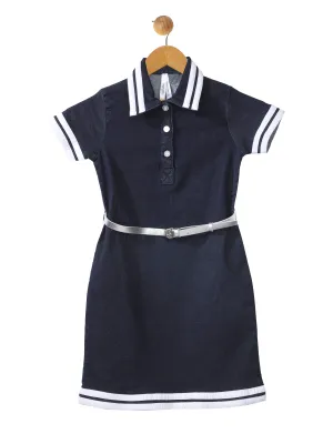 Girls Dark Blue Denim Striped Sleeve Dress With Belt