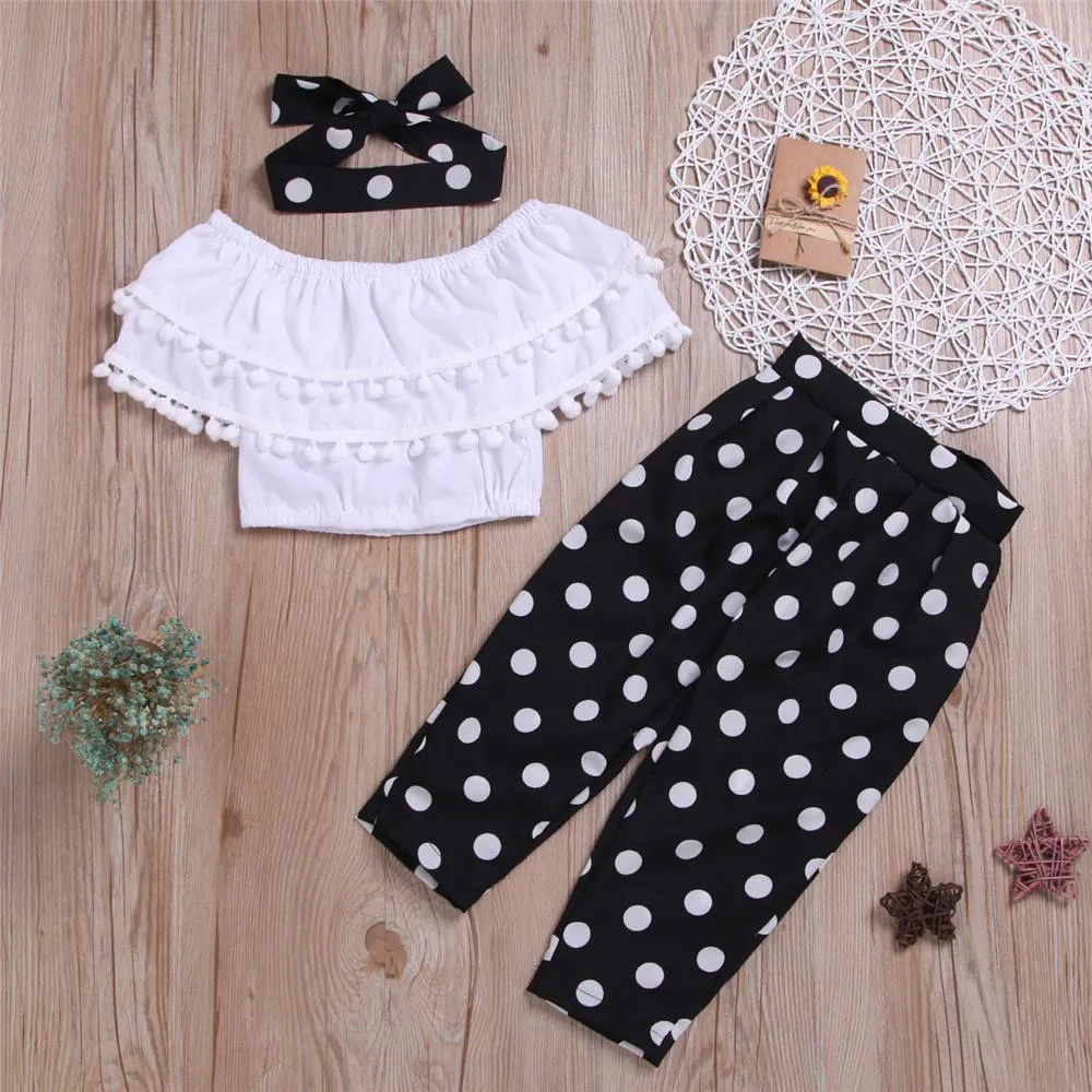 Girls Tassel Solid Color Short Sleeve Top & Polka Dot Pants & Headband Wholesale Baby Girl Clothes