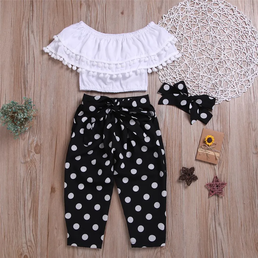 Girls Tassel Solid Color Short Sleeve Top & Polka Dot Pants & Headband Wholesale Baby Girl Clothes