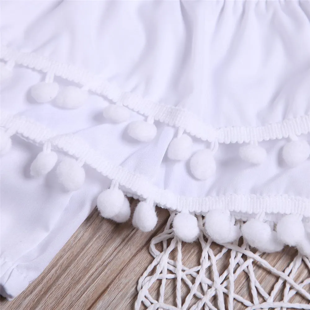 Girls Tassel Solid Color Short Sleeve Top & Polka Dot Pants & Headband Wholesale Baby Girl Clothes