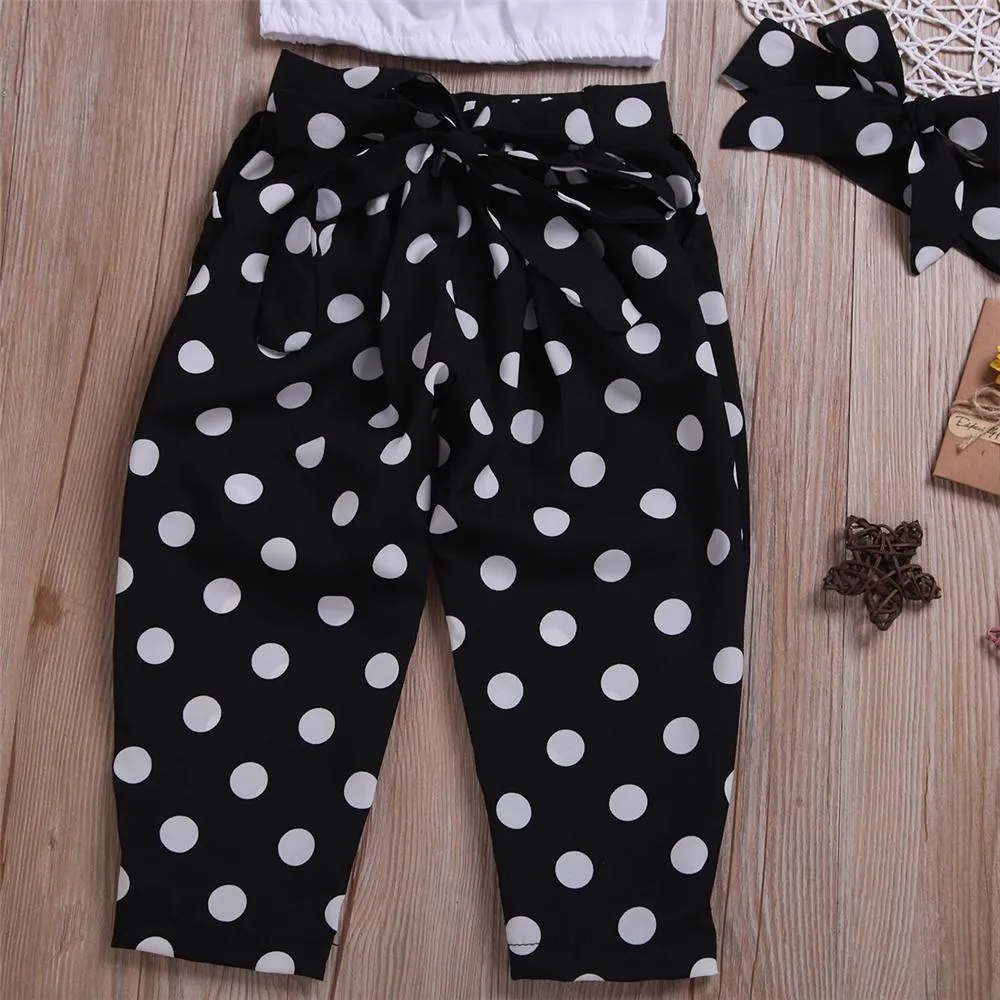 Girls Tassel Solid Color Short Sleeve Top & Polka Dot Pants & Headband Wholesale Baby Girl Clothes