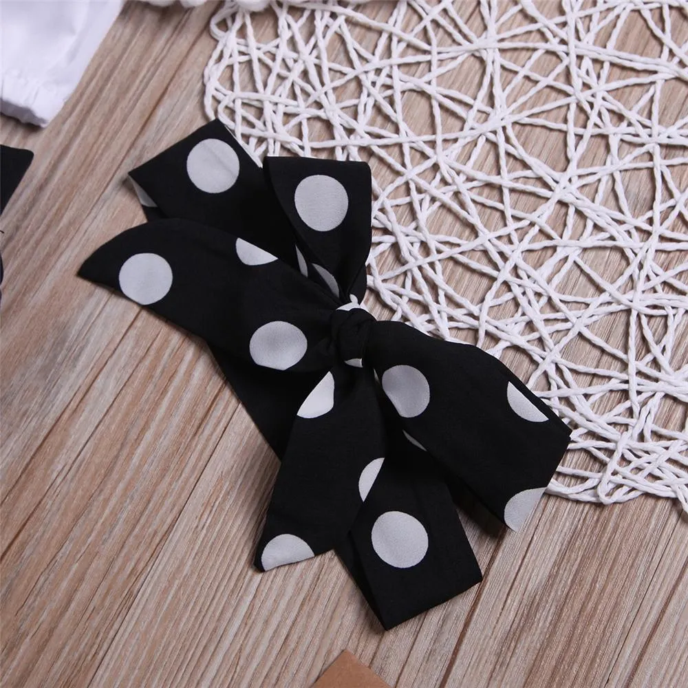 Girls Tassel Solid Color Short Sleeve Top & Polka Dot Pants & Headband Wholesale Baby Girl Clothes