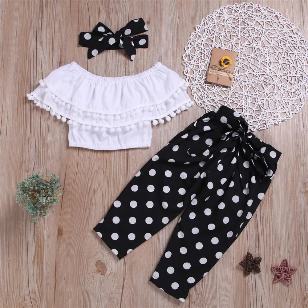 Girls Tassel Solid Color Short Sleeve Top & Polka Dot Pants & Headband Wholesale Baby Girl Clothes