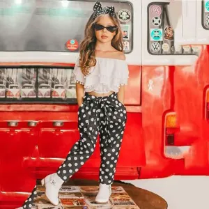 Girls Tassel Solid Color Short Sleeve Top & Polka Dot Pants & Headband Wholesale Baby Girl Clothes