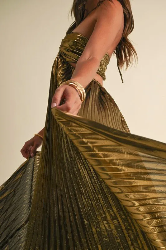 Gold Metallic Pleat Maxi Dress