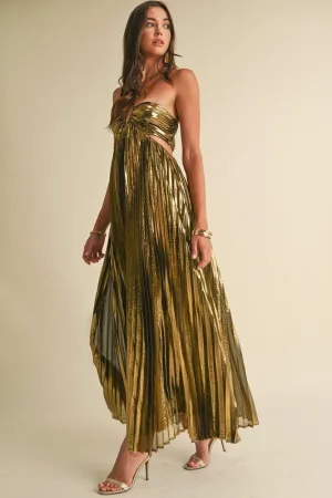 Gold Metallic Pleat Maxi Dress