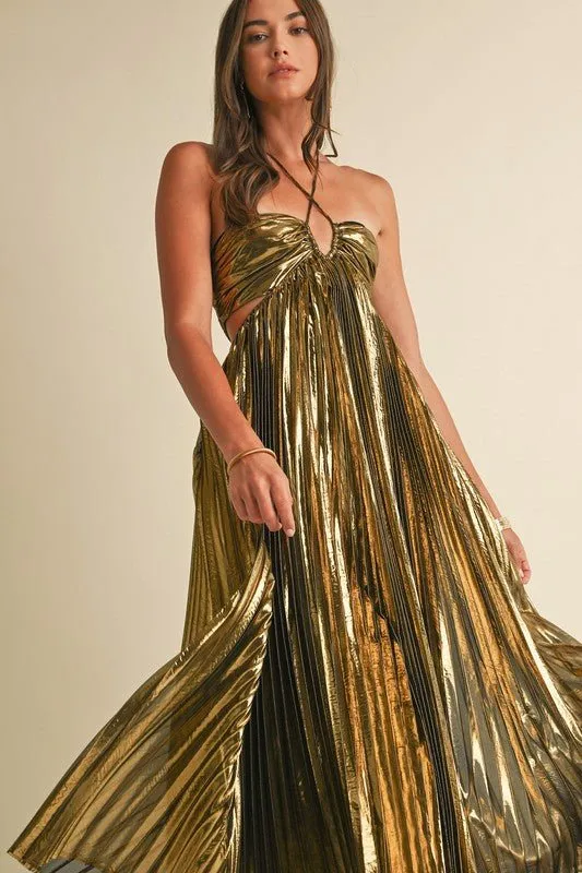 Gold Metallic Pleat Maxi Dress
