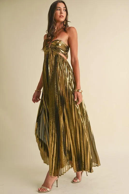 Gold Metallic Pleat Maxi Dress