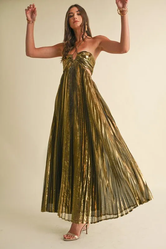 Gold Metallic Pleat Maxi Dress