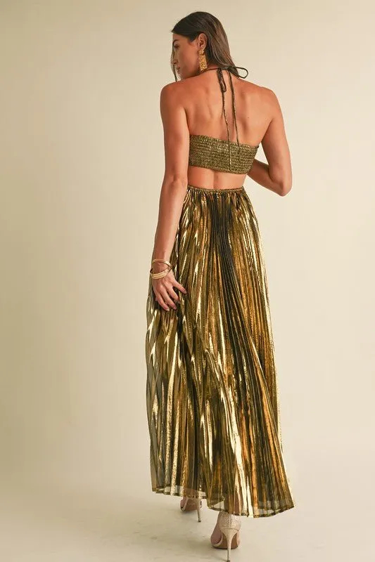 Gold Metallic Pleat Maxi Dress
