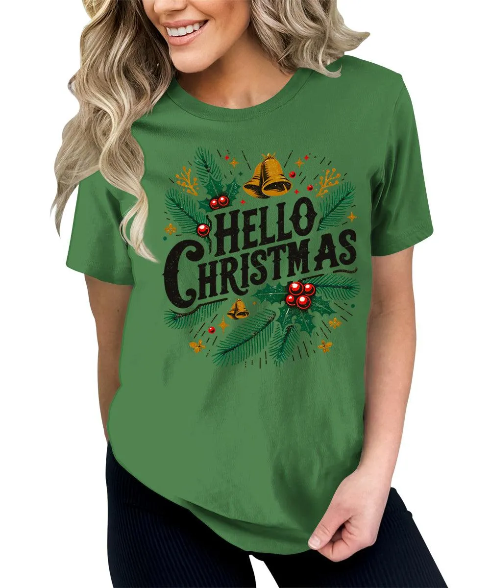 Hello Christmas Shirts for Women Holiday Letter Print Graphic Tees