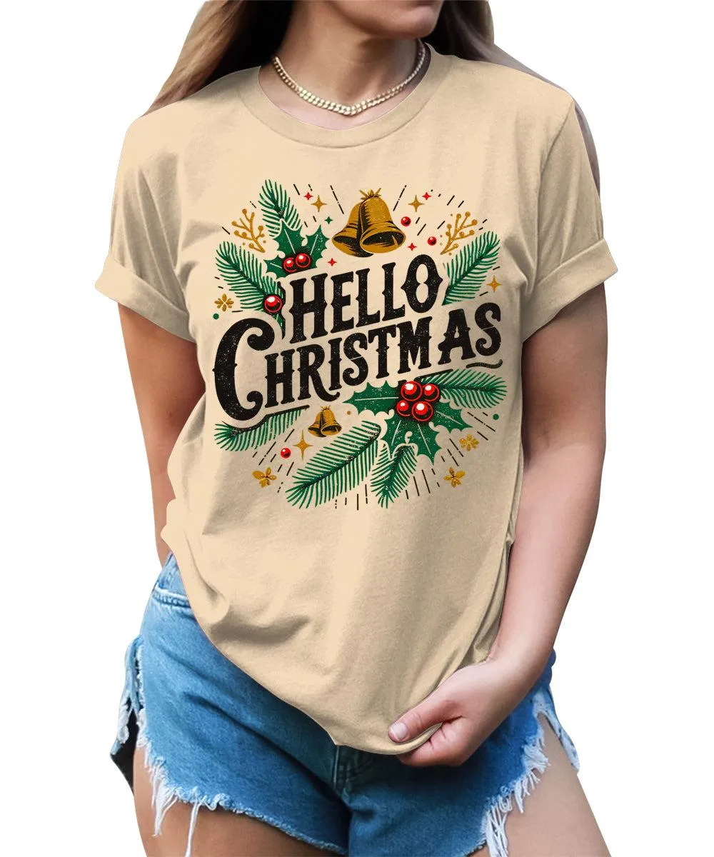 Hello Christmas Shirts for Women Holiday Letter Print Graphic Tees