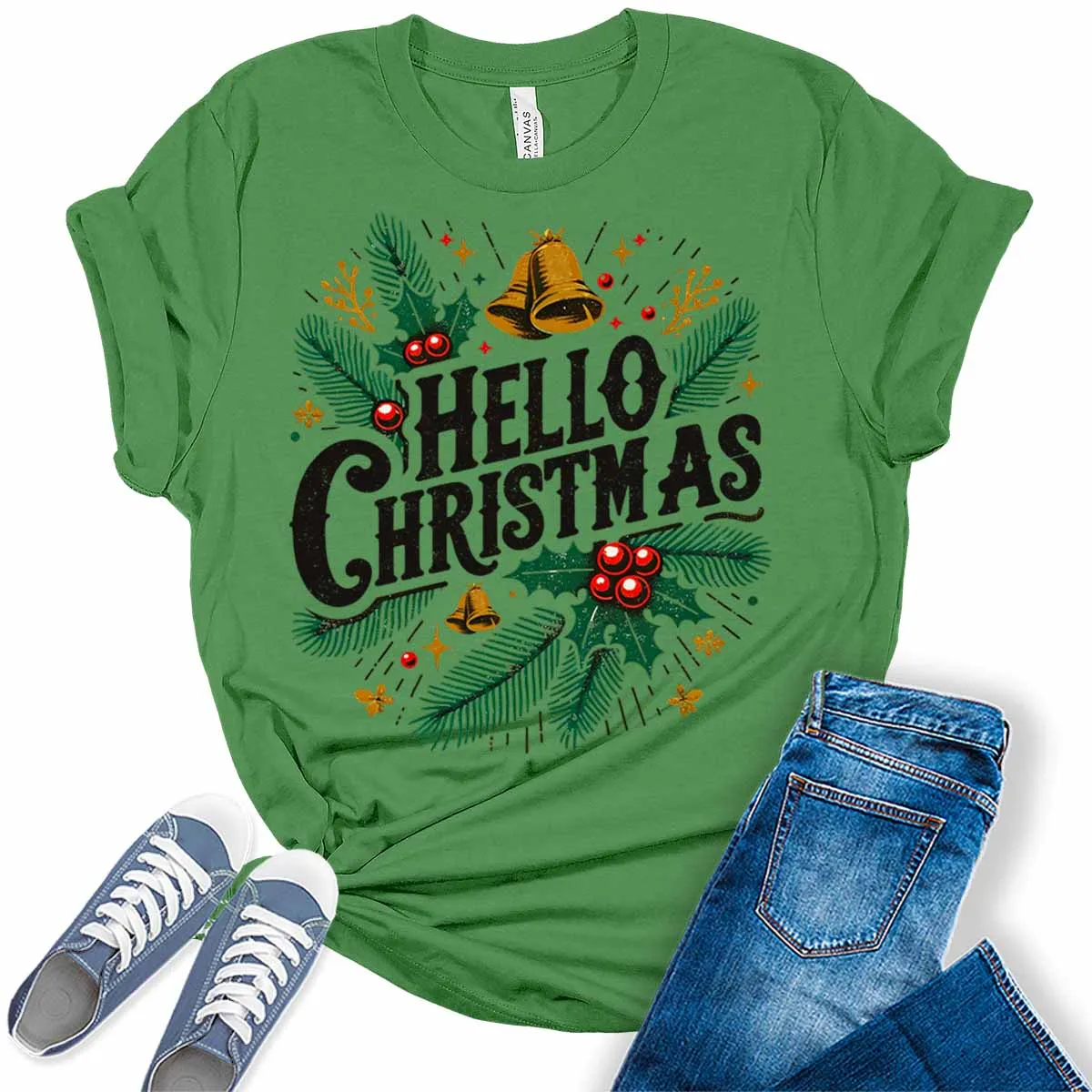 Hello Christmas Shirts for Women Holiday Letter Print Graphic Tees