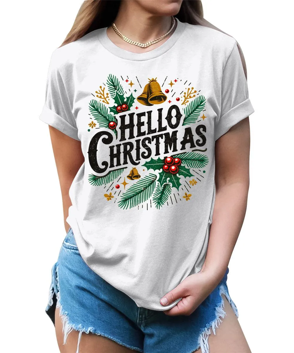 Hello Christmas Shirts for Women Holiday Letter Print Graphic Tees