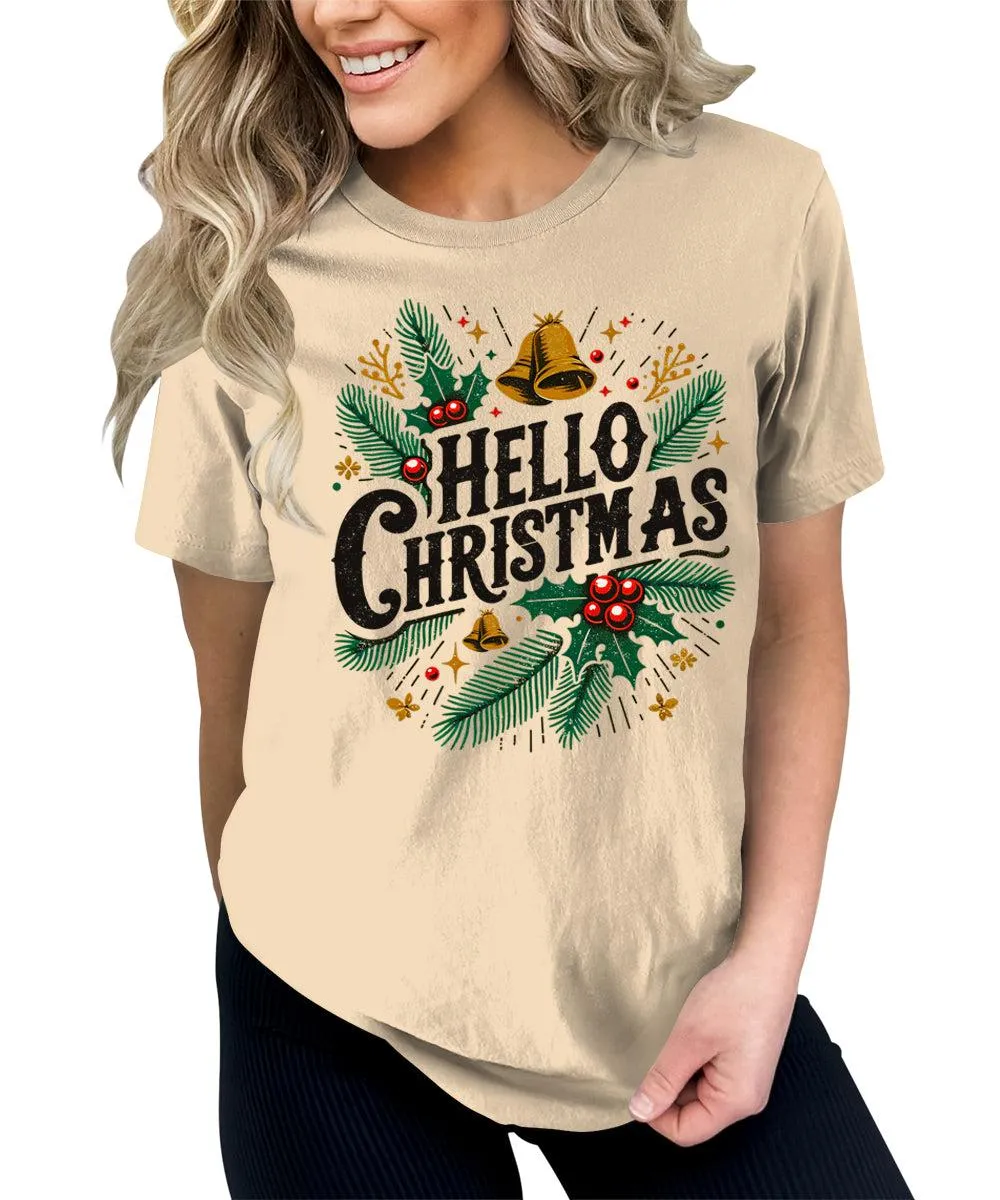 Hello Christmas Shirts for Women Holiday Letter Print Graphic Tees