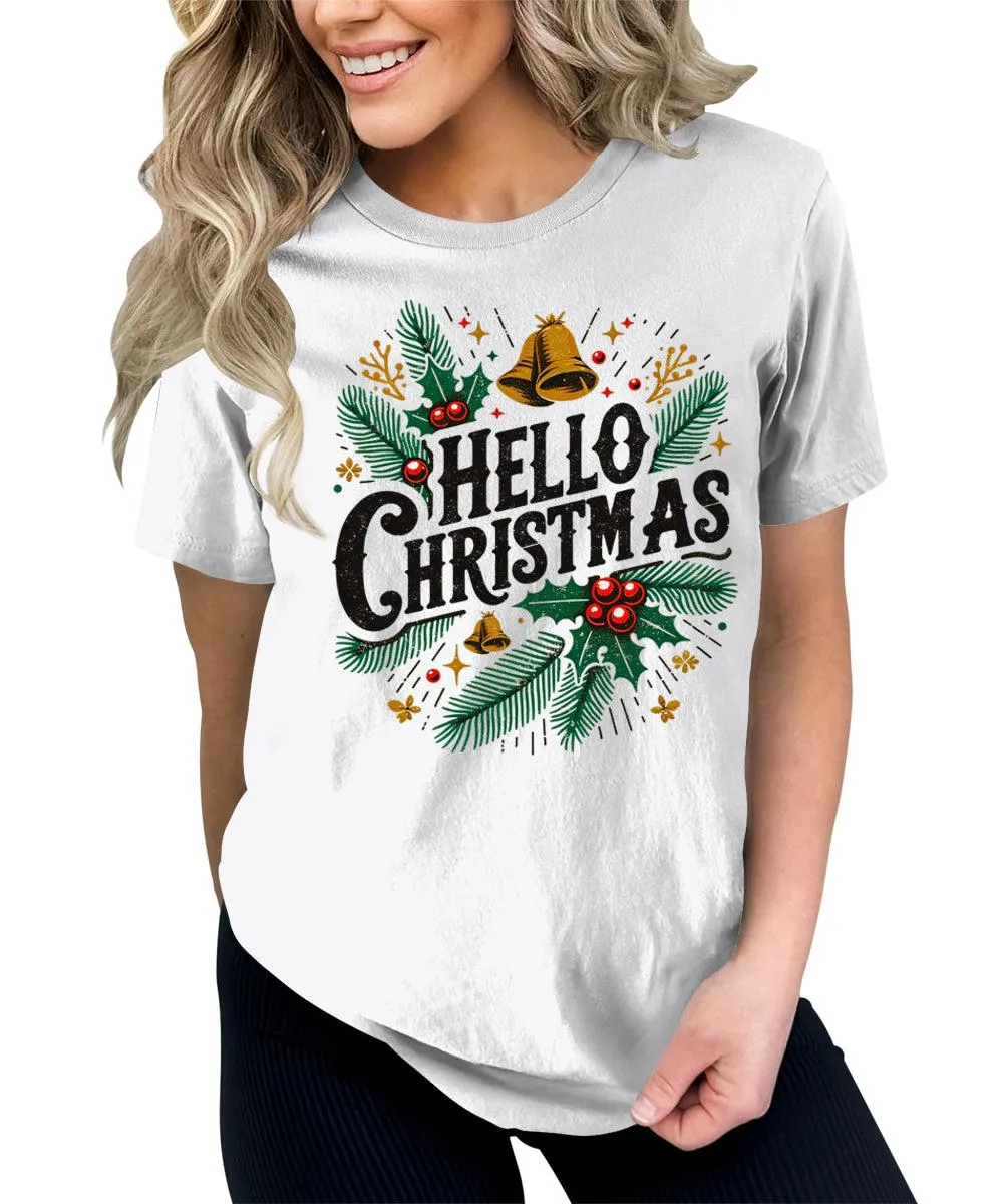 Hello Christmas Shirts for Women Holiday Letter Print Graphic Tees