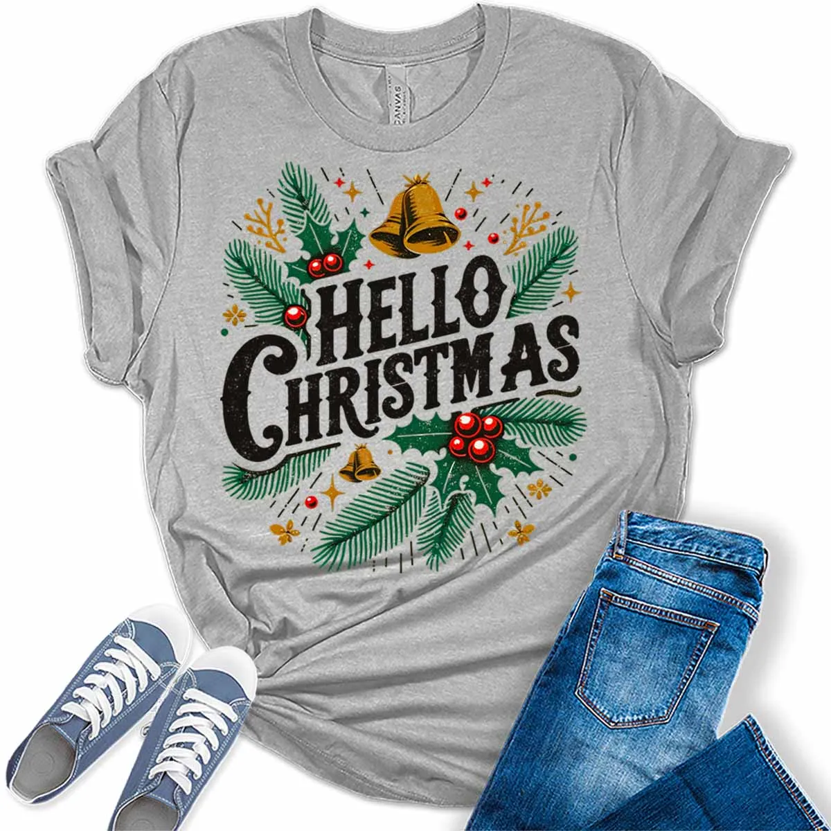 Hello Christmas Shirts for Women Holiday Letter Print Graphic Tees