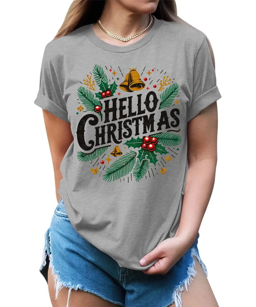 Hello Christmas Shirts for Women Holiday Letter Print Graphic Tees
