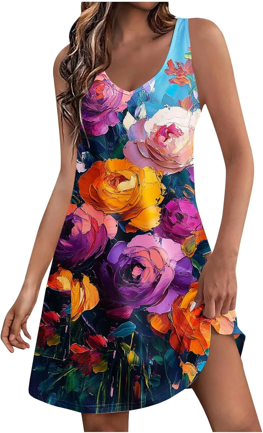 hlysgo Petite Dresses for Women 2025 Summer Sleeveless V Neck Coverup Mini Dress Trendy Boho Beach Sundress with Pockets