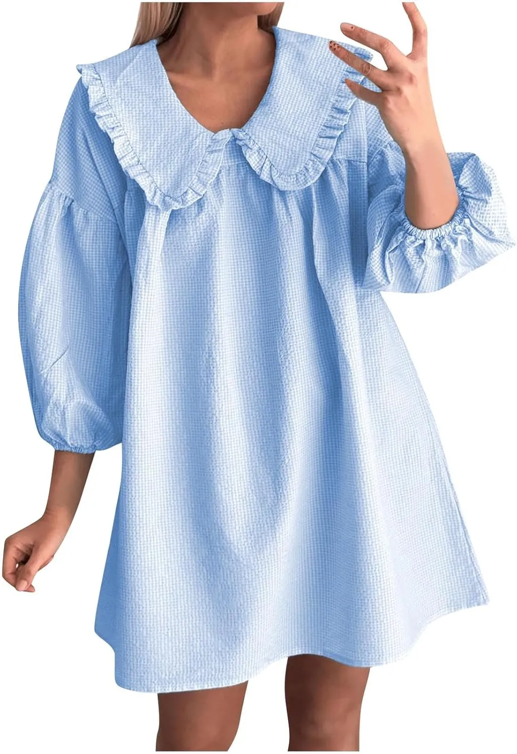hlysgo Vacation Dresses for Women 2025 Casual Loose Fit 3/4 Sleeve Collar Neck Mini Dress Summer Solid Beach Babydoll Dress