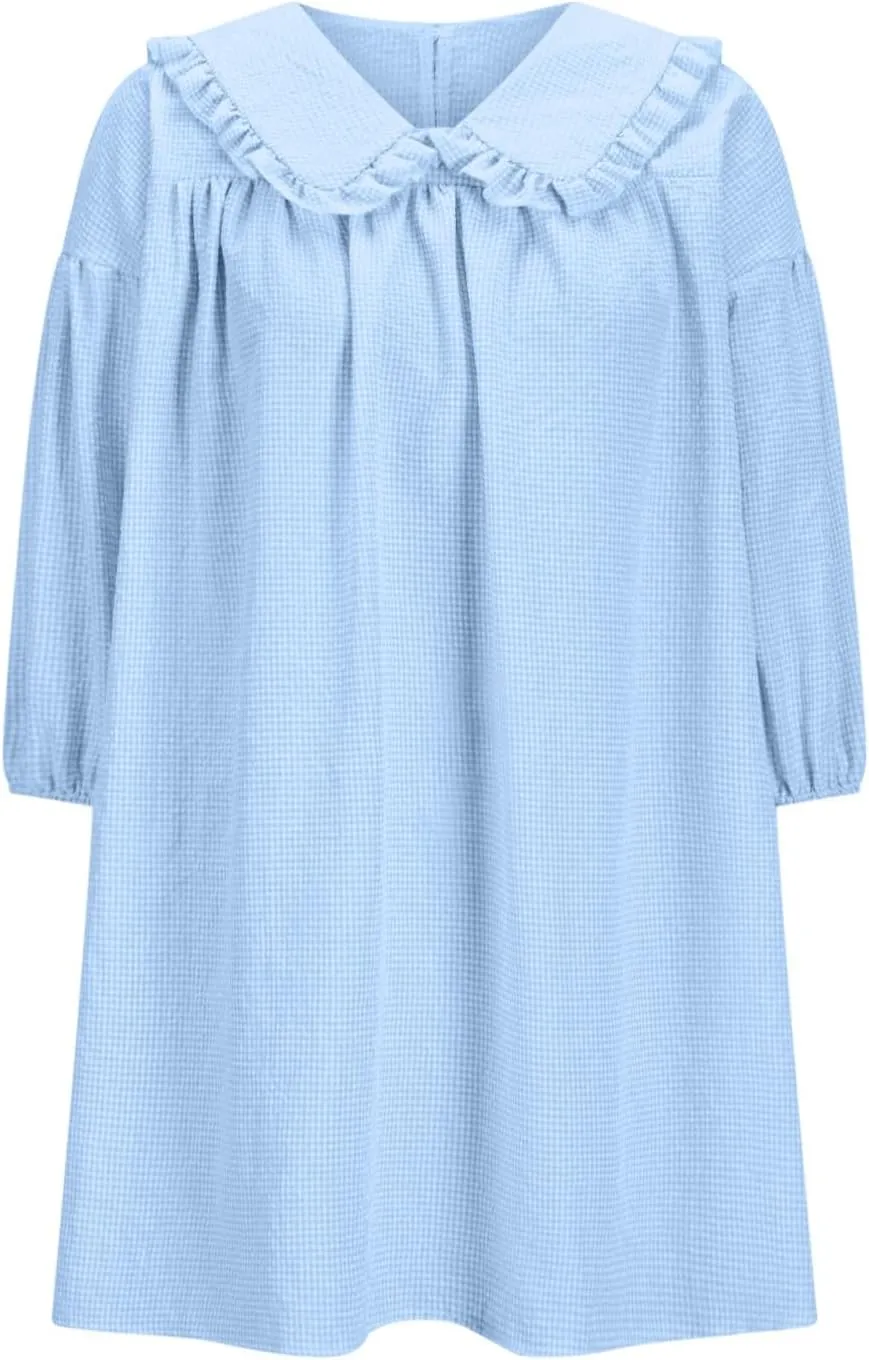 hlysgo Vacation Dresses for Women 2025 Casual Loose Fit 3/4 Sleeve Collar Neck Mini Dress Summer Solid Beach Babydoll Dress