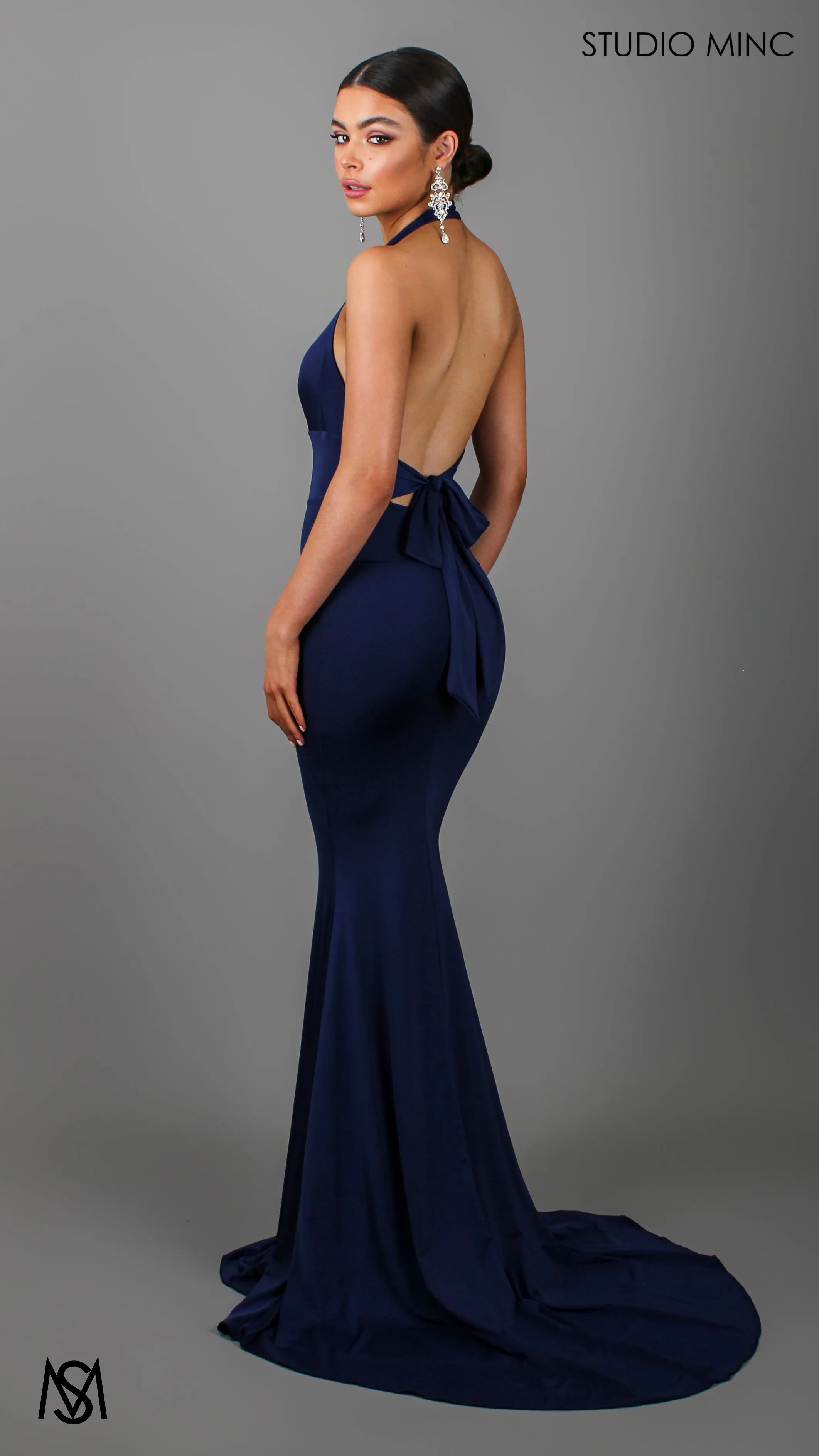 HOURGLASS - Navy Blue Fitted Formal Dress with Plunge Neckline