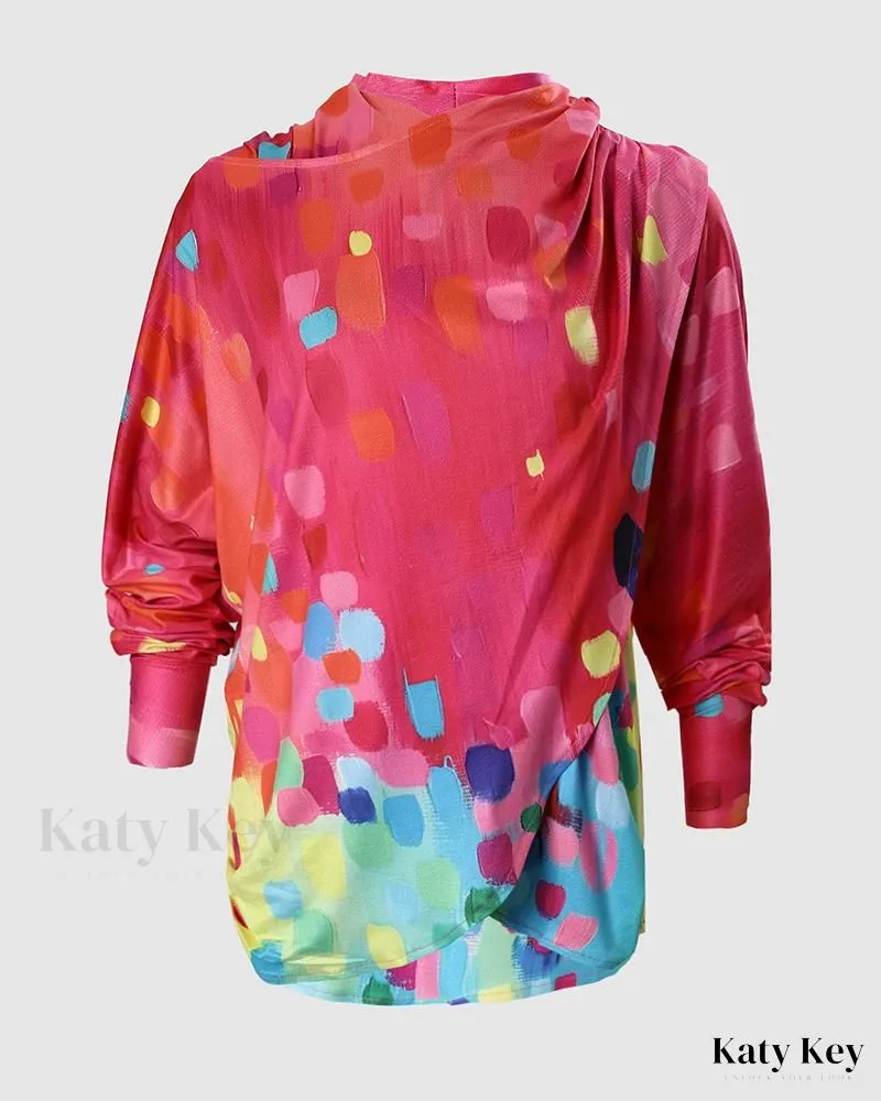 KatyKey - Chic & Versatile Printed Draped Long Sleeve Top