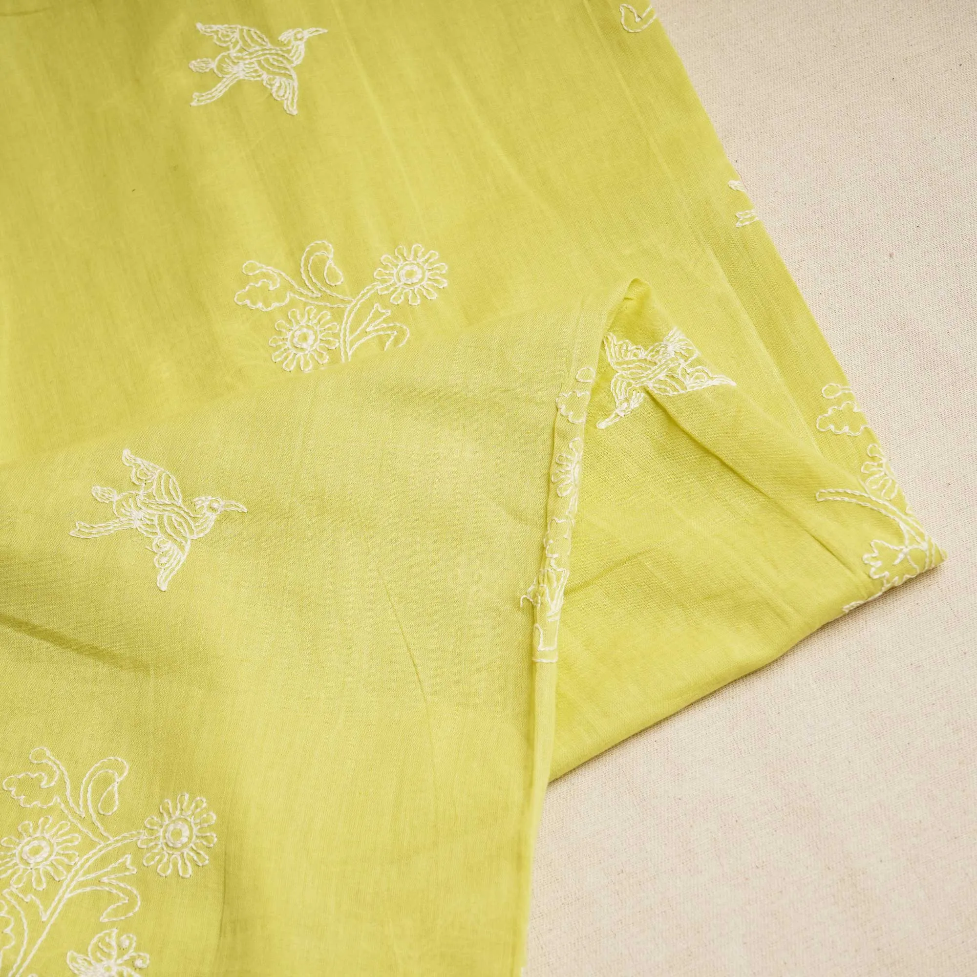 Lemon Green Thread Embroidery Chanderi Fabric WI-24373