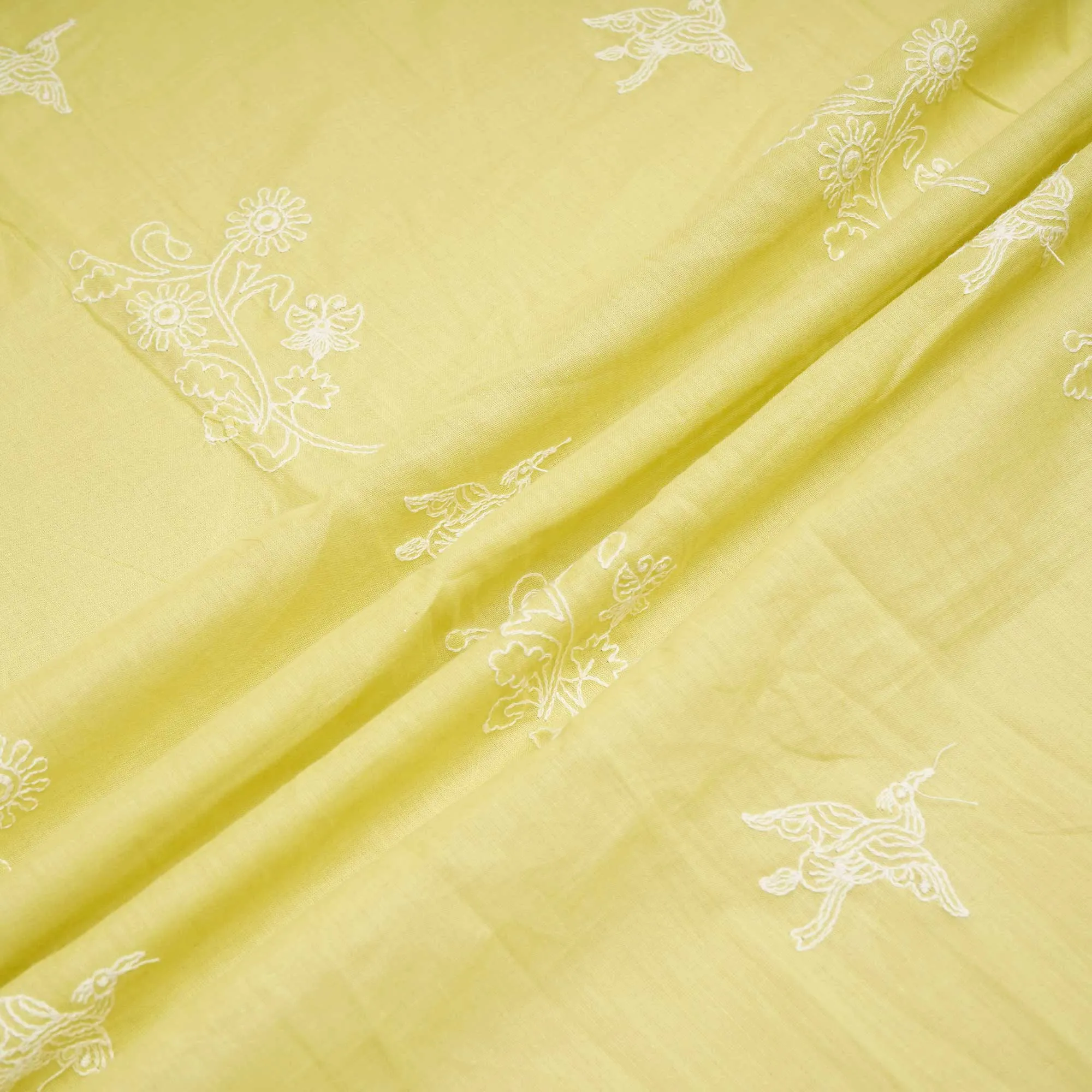 Lemon Green Thread Embroidery Chanderi Fabric WI-24373