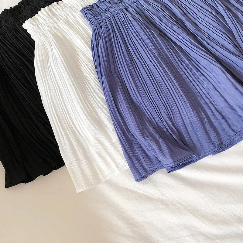 LVSANW Solid Chiffon Summer Shorts Skirt Women Fashion Elastic Waist Pleated Mini Skirt Casual Beach Faldas Saias