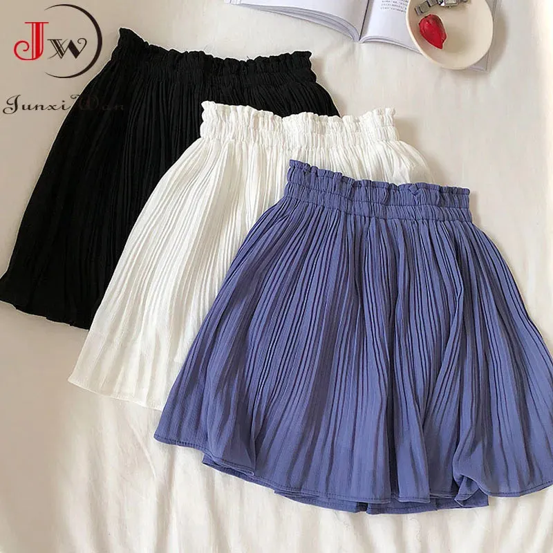 LVSANW Solid Chiffon Summer Shorts Skirt Women Fashion Elastic Waist Pleated Mini Skirt Casual Beach Faldas Saias