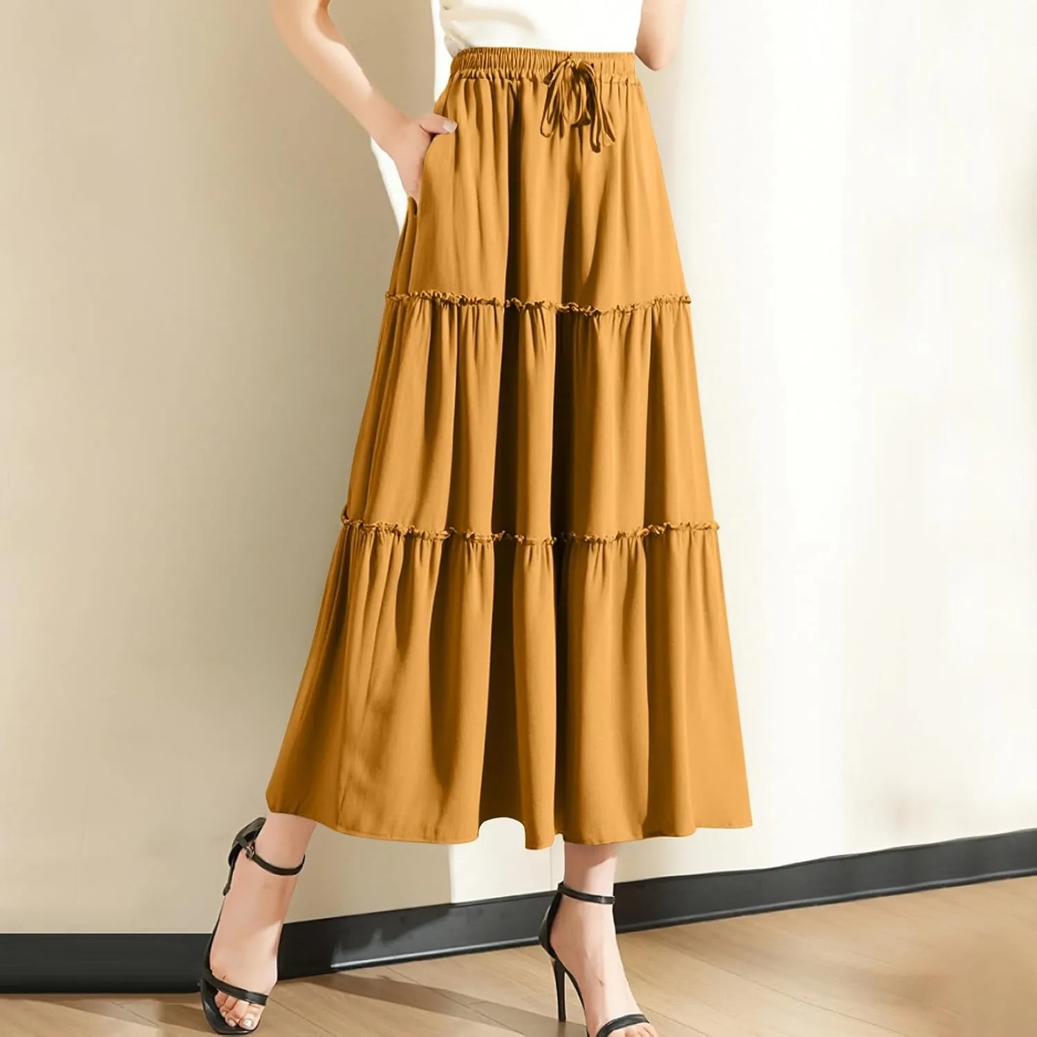 Maxi Skirts for Women Flowy Boho with Pockets A-Line Ruffle Tiered Elastic High Waist Summer Skirts 2025 Vacation