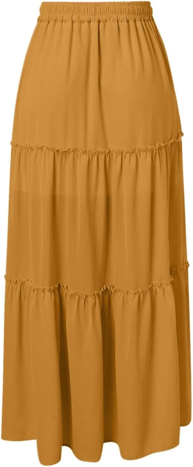 Maxi Skirts for Women Flowy Boho with Pockets A-Line Ruffle Tiered Elastic High Waist Summer Skirts 2025 Vacation