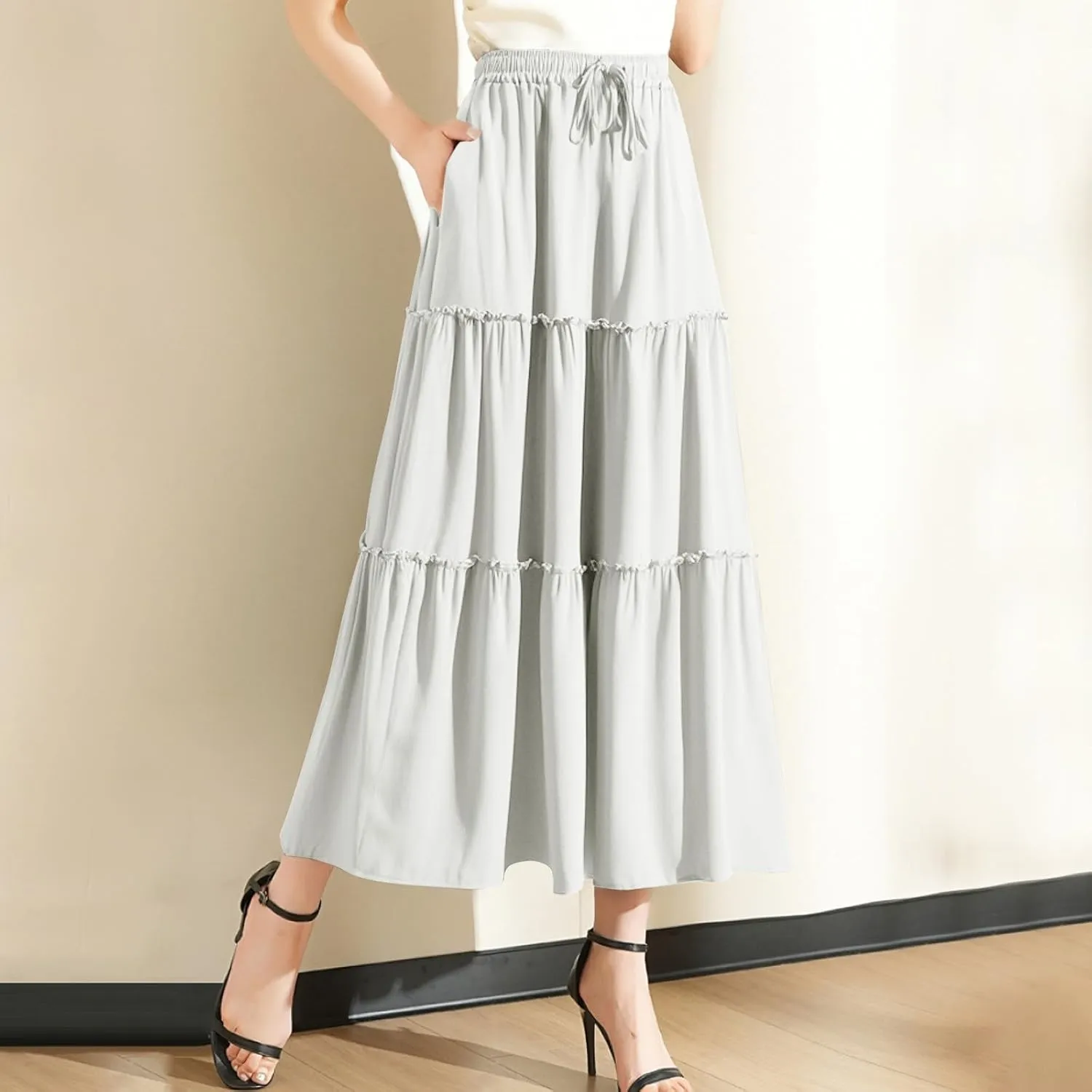 Maxi Skirts for Women Flowy Boho with Pockets A-Line Ruffle Tiered Elastic High Waist Summer Skirts 2025 Vacation