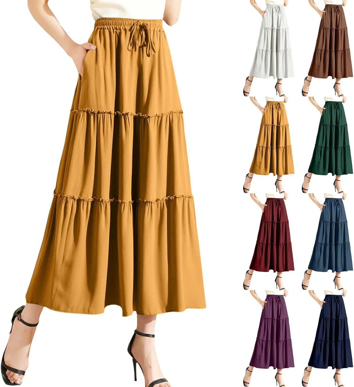 Maxi Skirts for Women Flowy Boho with Pockets A-Line Ruffle Tiered Elastic High Waist Summer Skirts 2025 Vacation