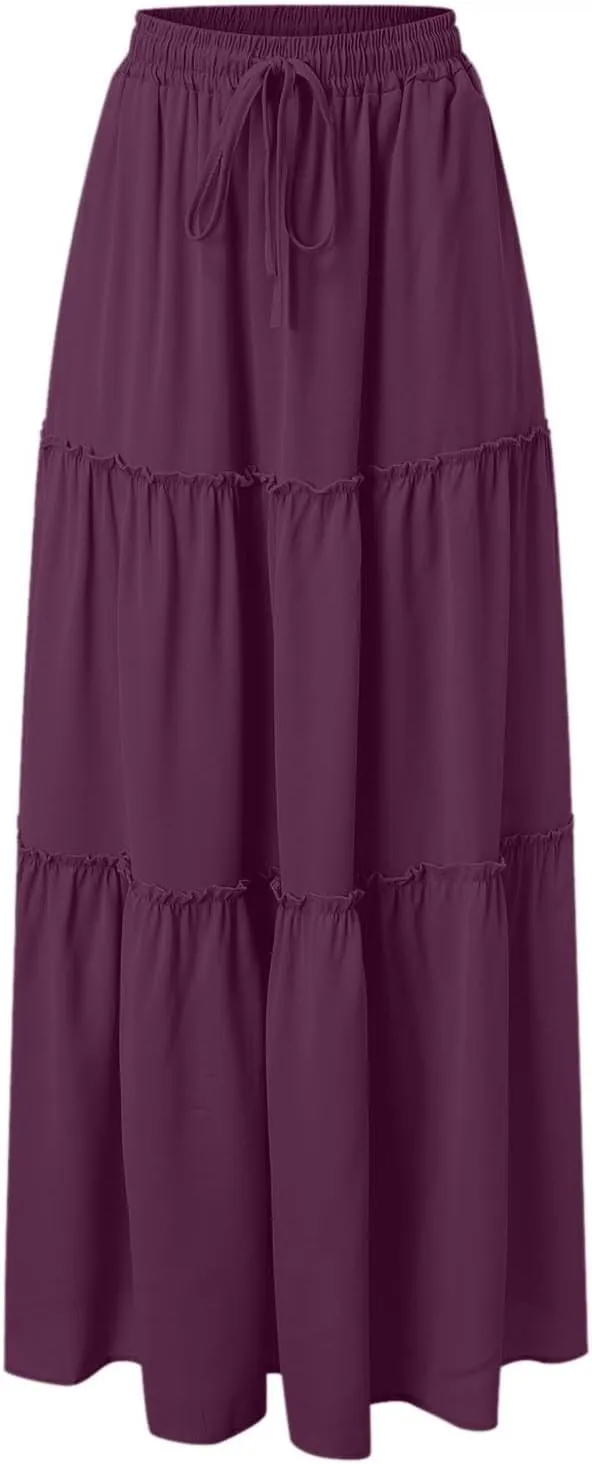 Maxi Skirts for Women Flowy Boho with Pockets Drawstring Elastic High Waist A-Line Ruffle Tiered Summer Long Skirts
