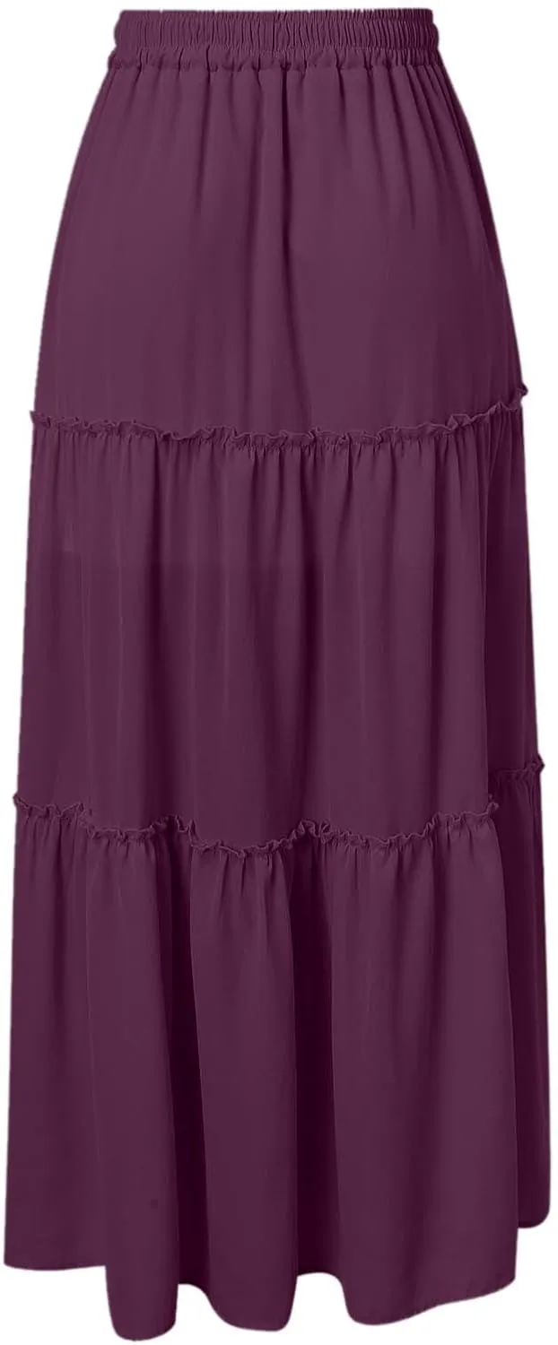 Maxi Skirts for Women Flowy Boho with Pockets Drawstring Elastic High Waist A-Line Ruffle Tiered Summer Long Skirts