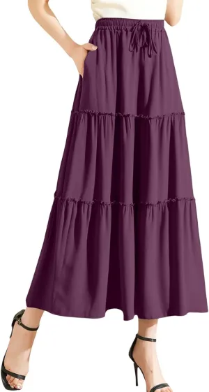 Maxi Skirts for Women Flowy Boho with Pockets Drawstring Elastic High Waist A-Line Ruffle Tiered Summer Long Skirts