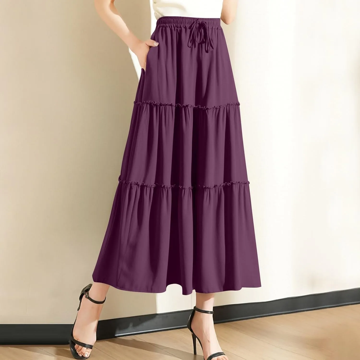 Maxi Skirts for Women Flowy Boho with Pockets Drawstring Elastic High Waist A-Line Ruffle Tiered Summer Long Skirts