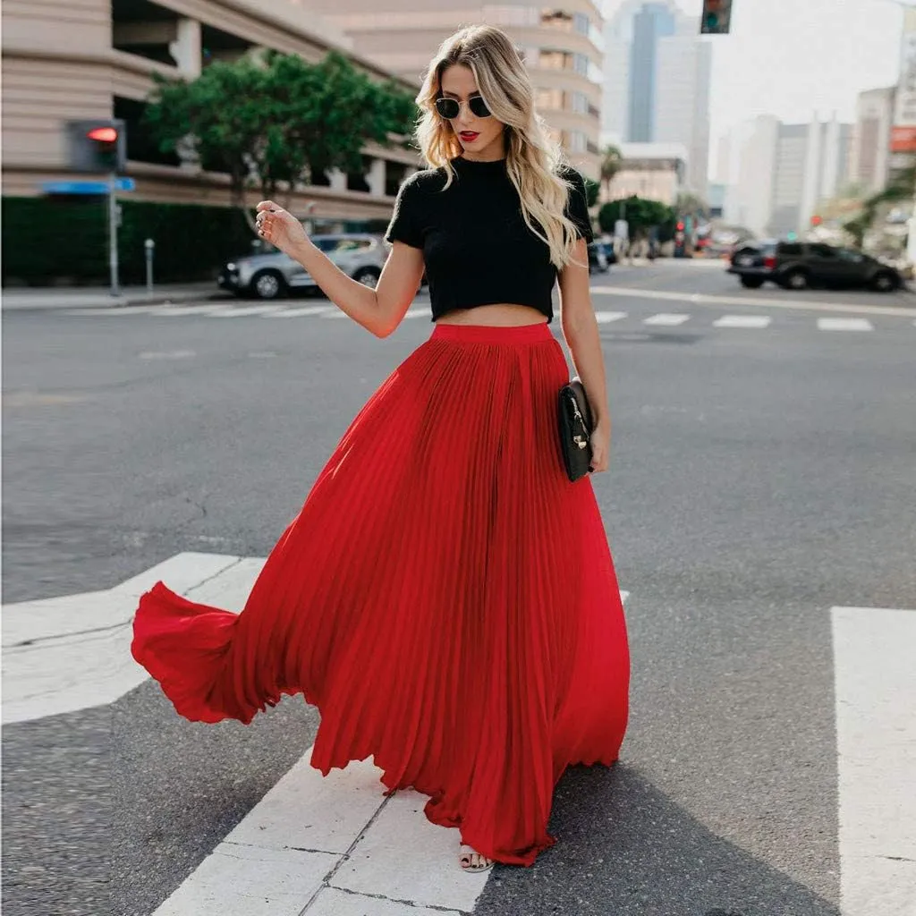 Maxi Skirts for Women Womens Fashion High Waist Fold Soild Vintage Loose Beach Wrap Maxi Long Skirt Skirt Long