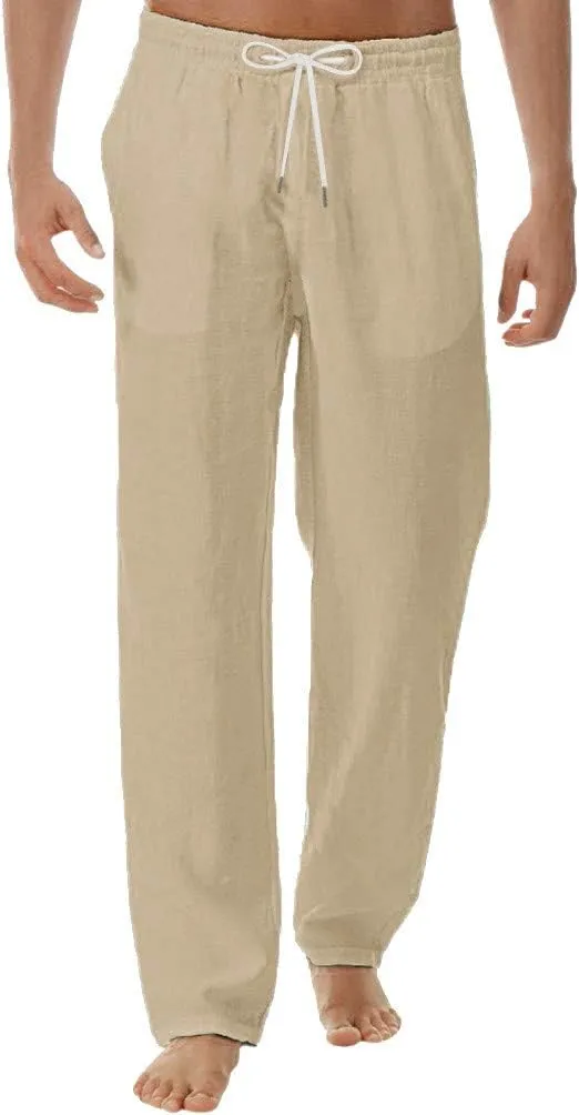 Men's Summer Linen Pants Drawstring Casual Beach Pants Solid Relaxed Fit Straight Pants Lightweight Comfy Trousers